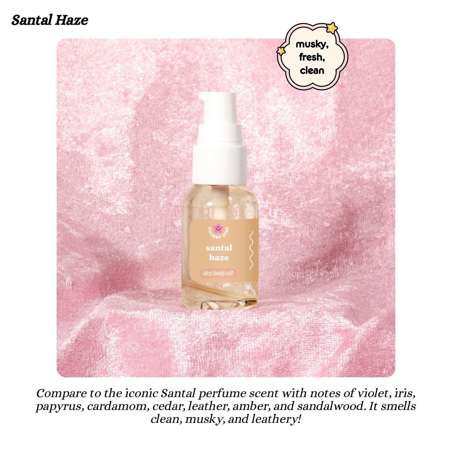 Santal Haze dry body oil bottle on a pink marble background