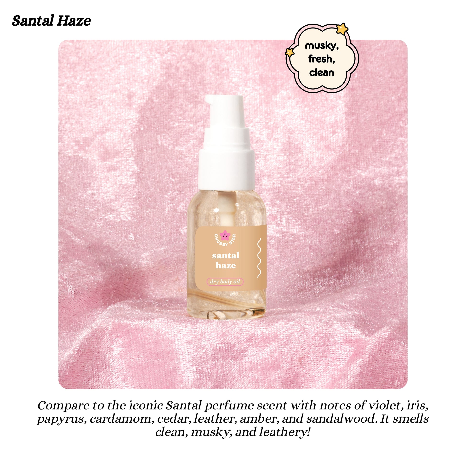Santal Haze dry body oil bottle on a pink marble background