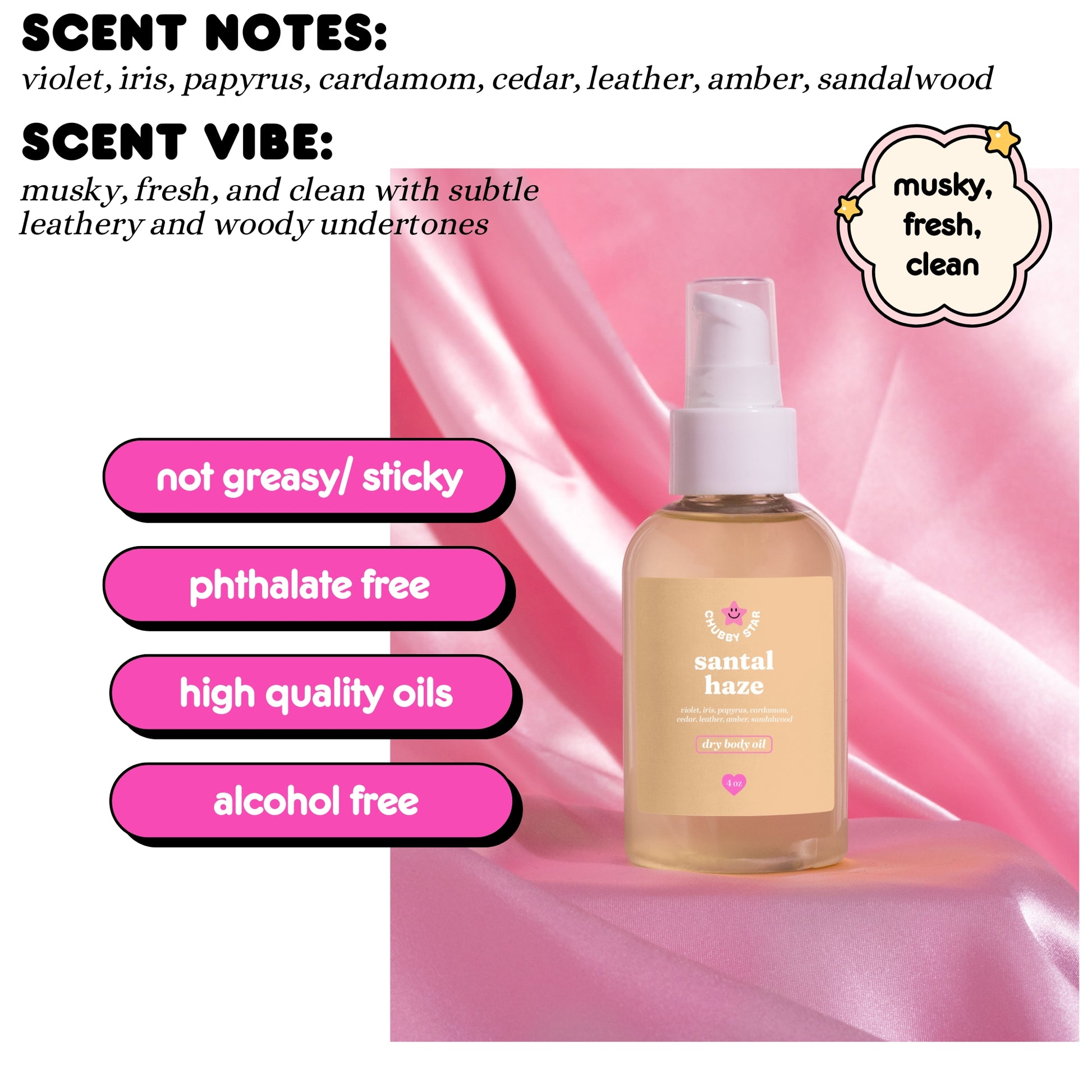 Bottle of Santal Haze with scent notes and characteristics on a pink background