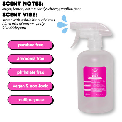 A graphic showing the viral Tiktok brand Chubby Star's amazing scented Snow Pixie all purpose/ multipurpose cleaning spray that is a scent dupe of the viral Lush Snow Fairy scent that smells like bubblegum and cotton candy!