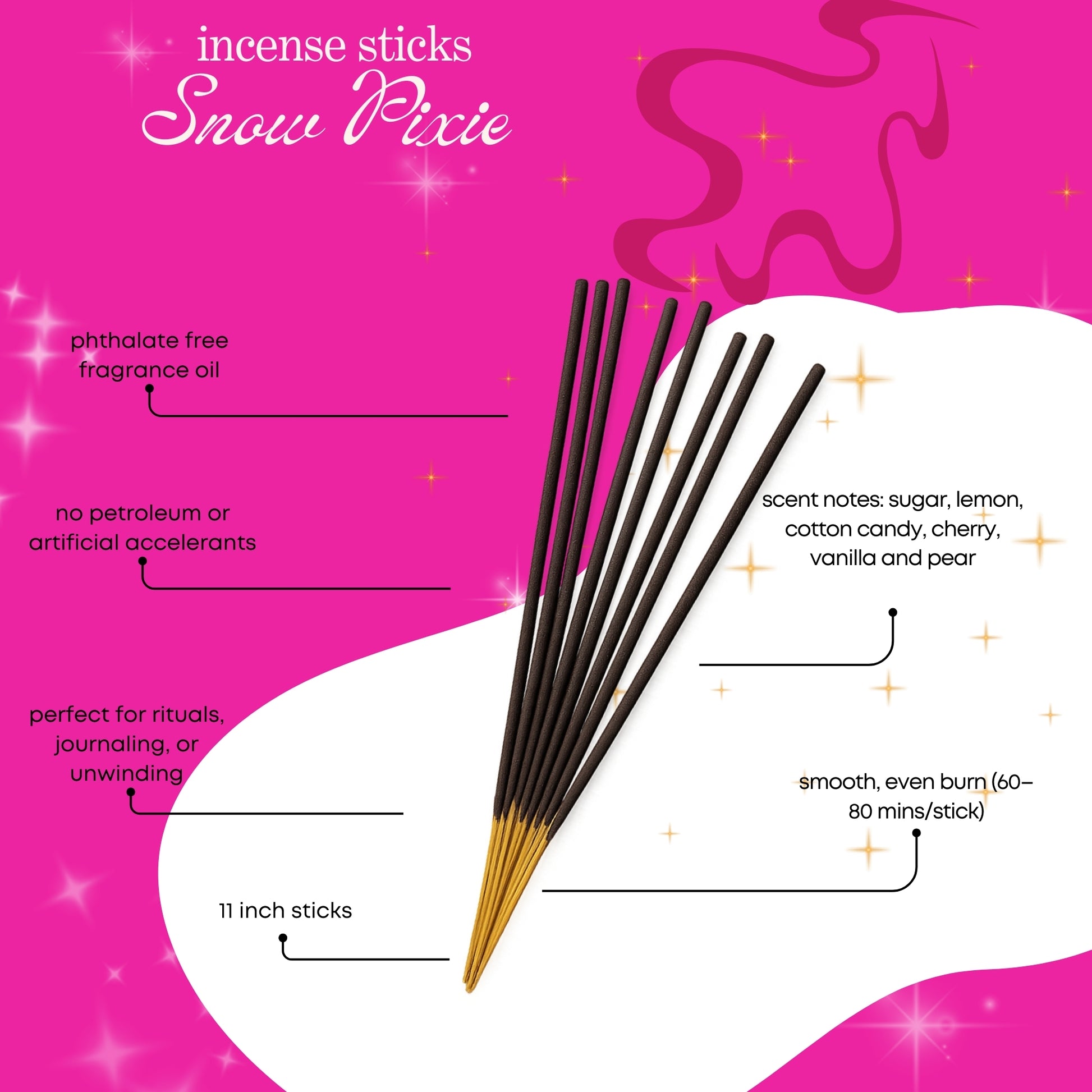 lush snow fairy scented Incense sticks with product details on a pink background