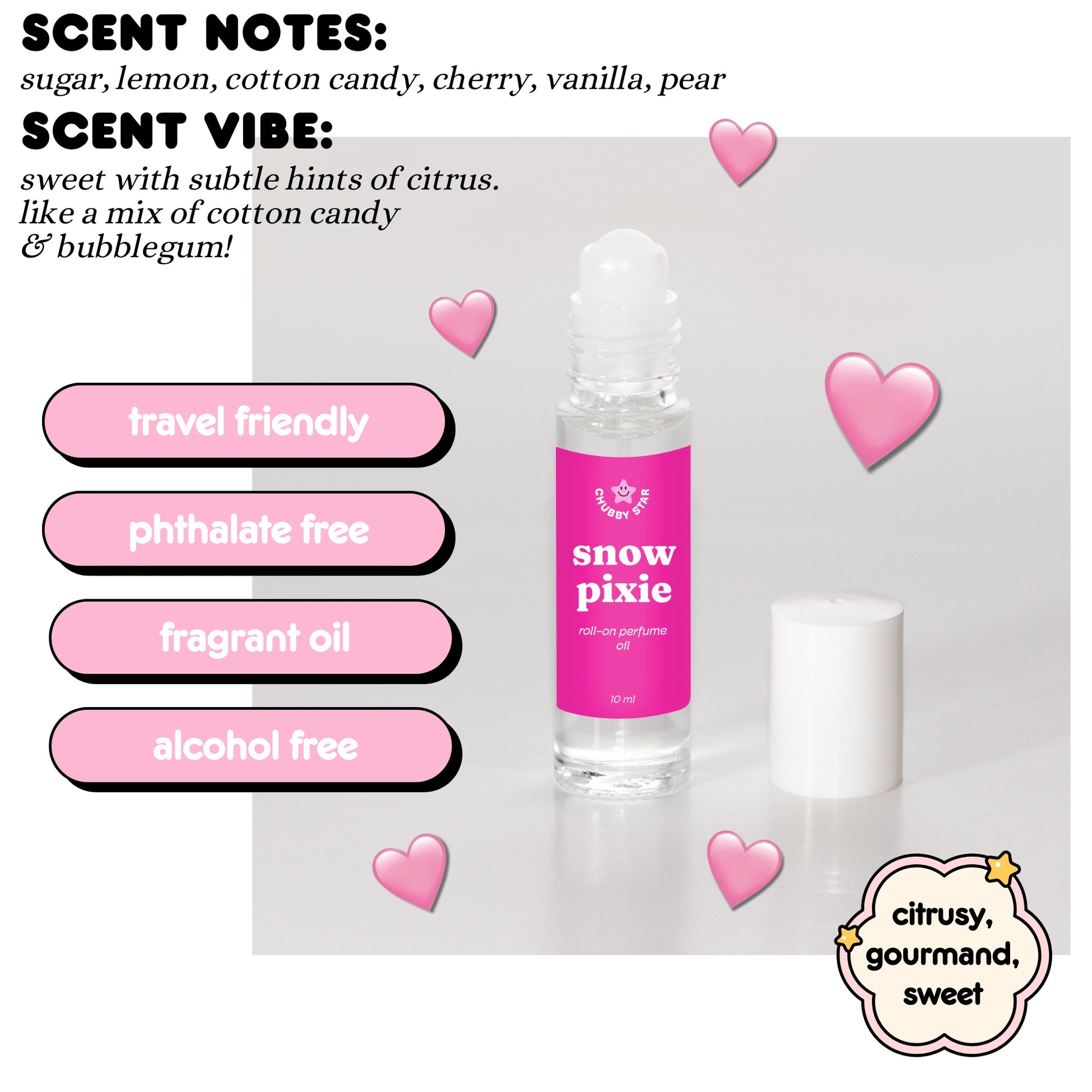 Snow Pixie roll-on perfume oil with product details on a light gray background