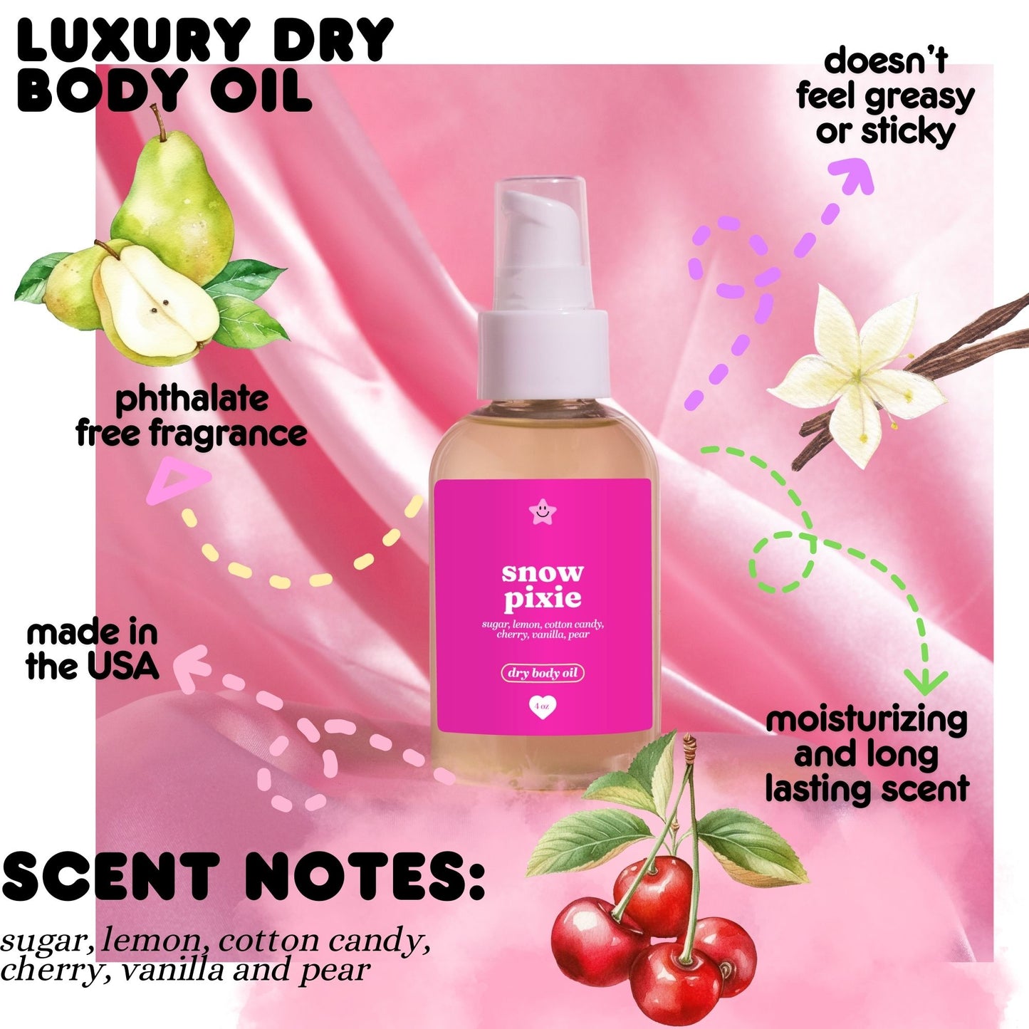 snow fairy scented body oil on a white background with scent desciptions