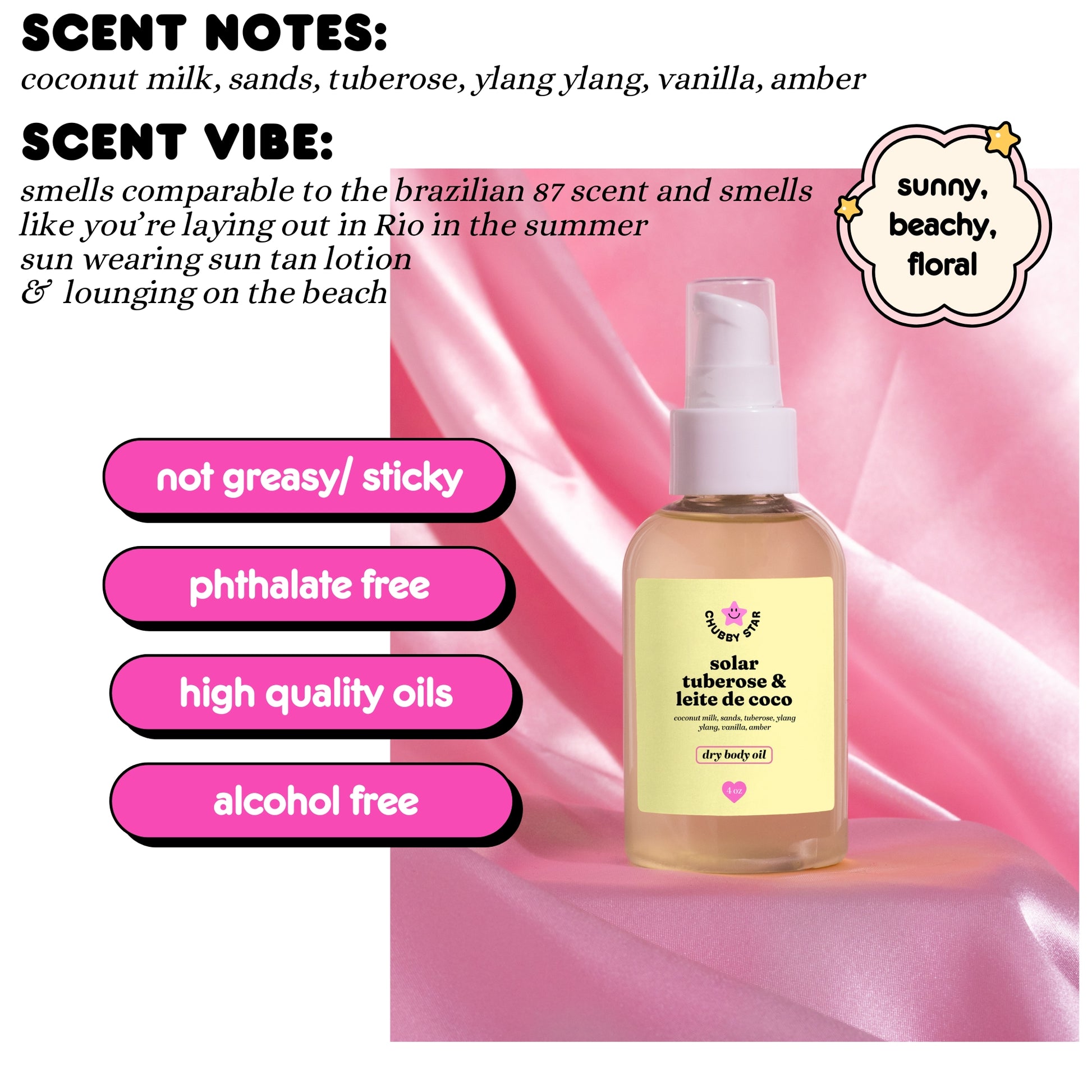 Bottle of dry body oil with label on a pink background, featuring scent notes and benefits.