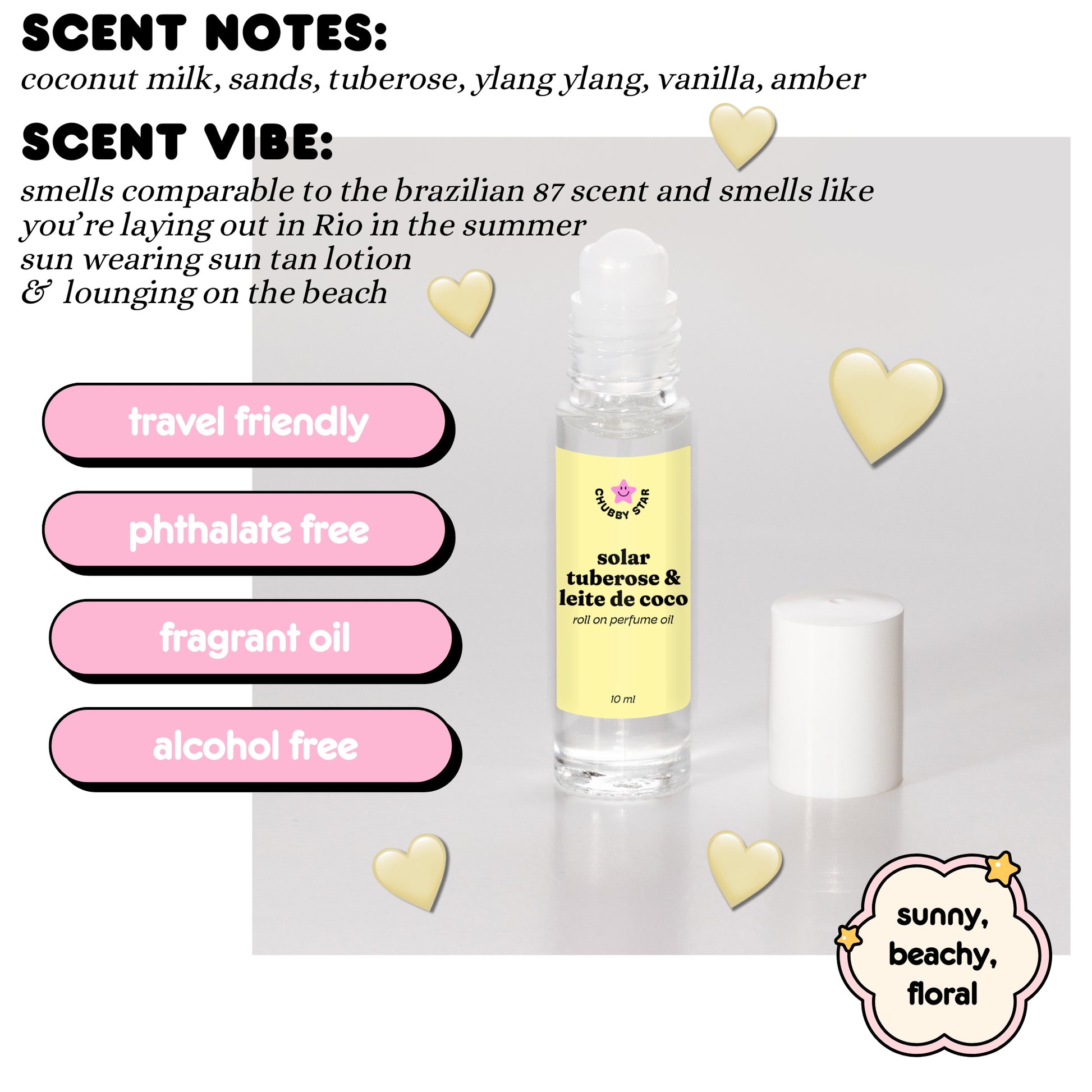 Roll-on perfume oil with product details and scents on a light gray background