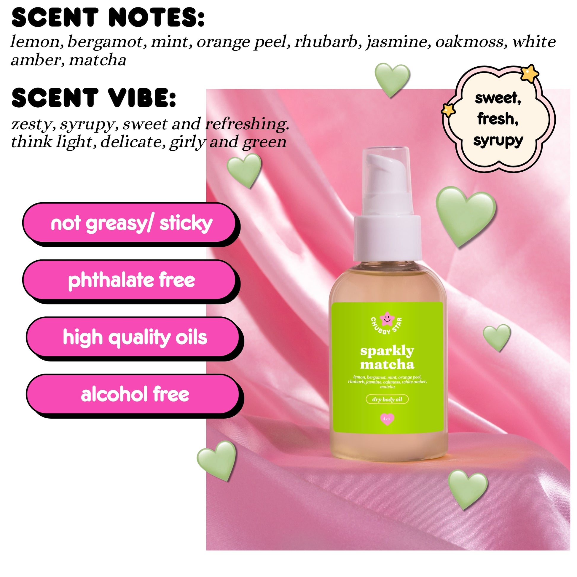 Green bottle with a sparkly matcha scent label on a pink background, featuring scent notes and benefits.