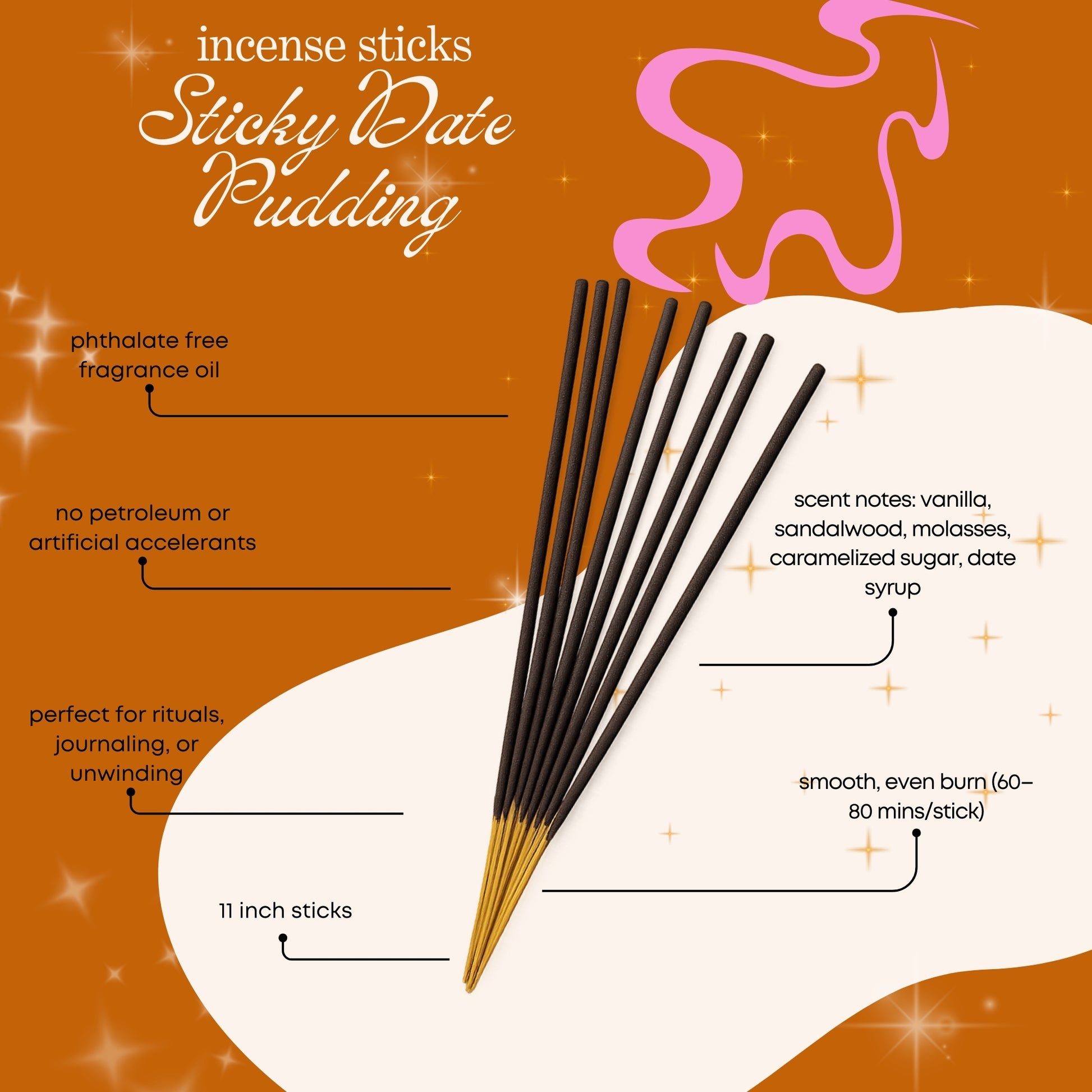 sticky date pudding lush sticky date scented Incense sticks with product details on an orange background