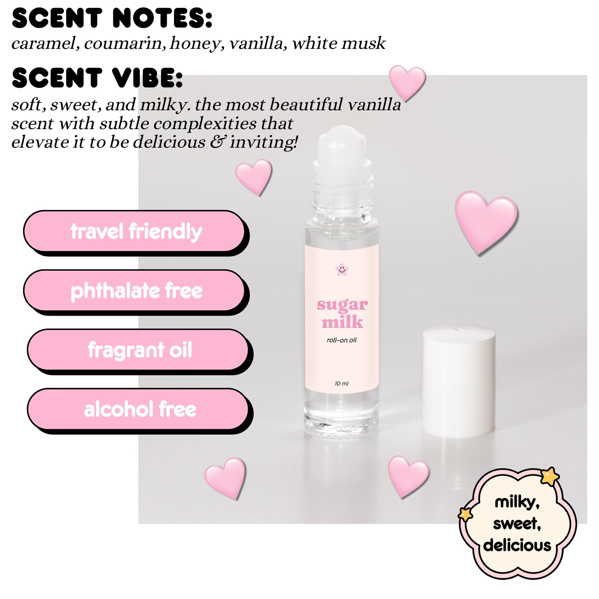 Roll-on bottle of 'sugar milk' oil with product details on a light gray background