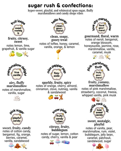 an image with different scents by chubby star that fall under the sugar rush and confections scent category