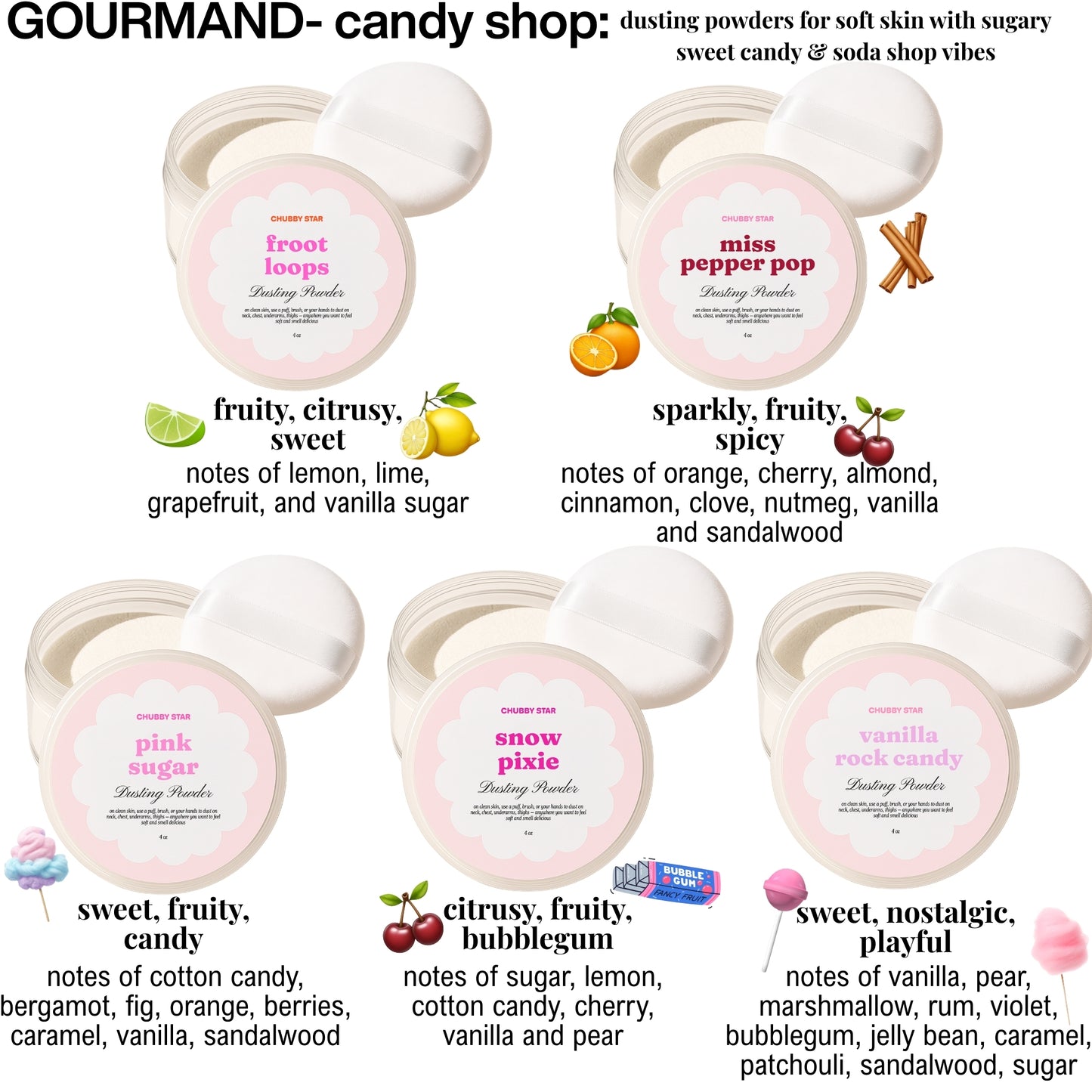 Candy-themed dusting powders with product names and scents on a white background