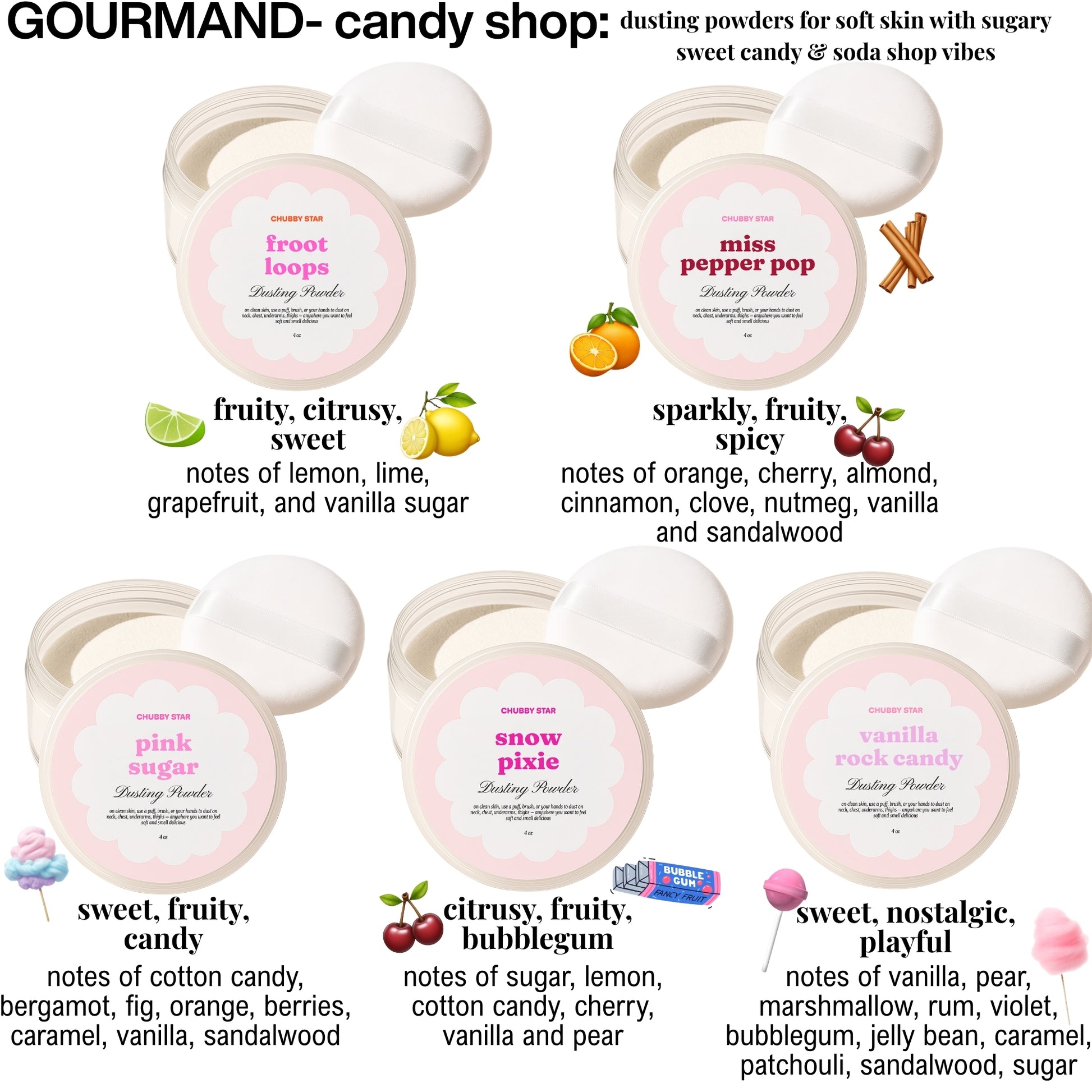 Candy-themed dusting powders with product names and scents on a white background