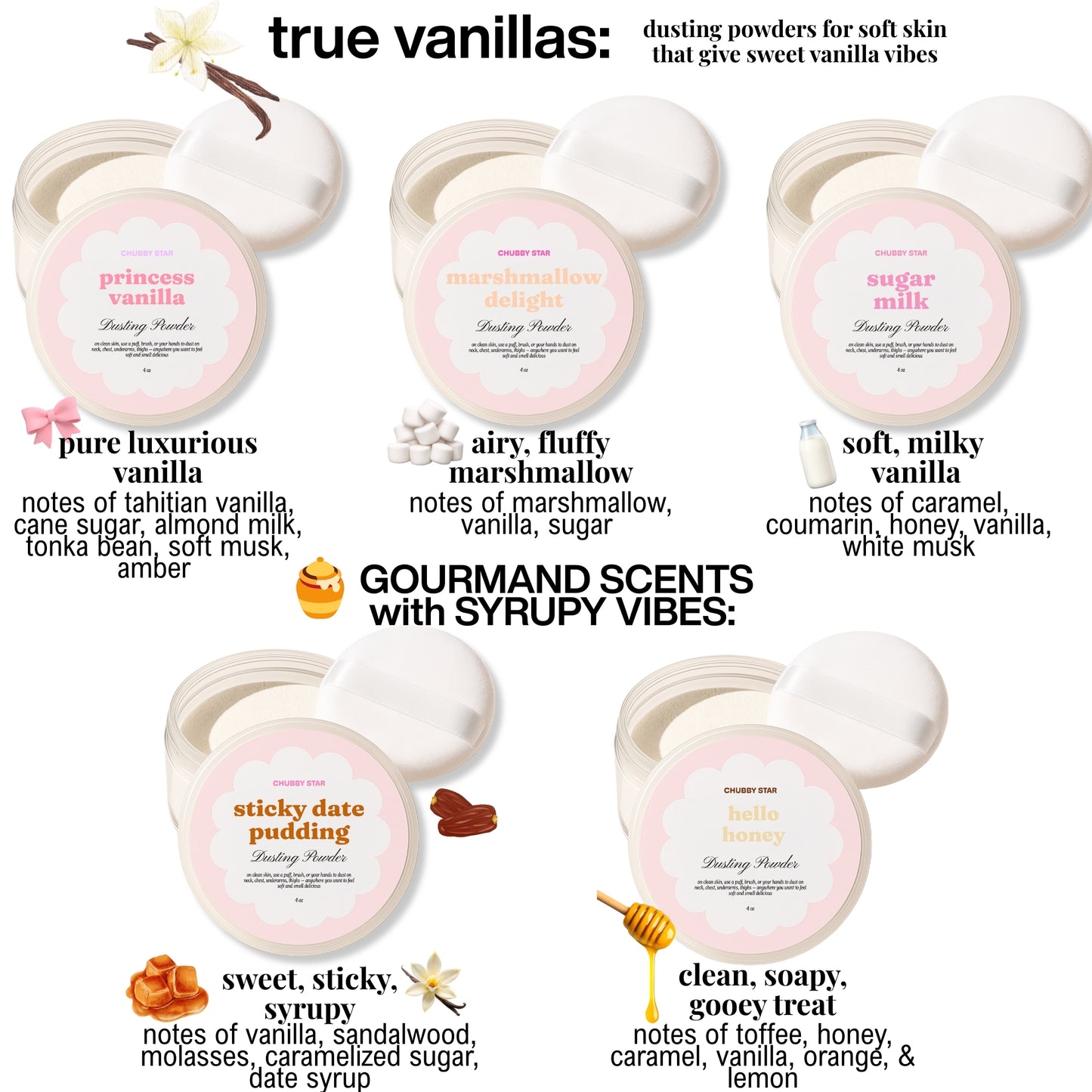 Dusting powders with vanilla scents and descriptions on a white background