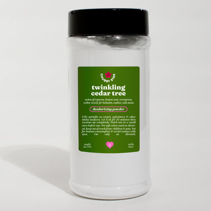 twinkling cedar tree scented carpet powder scent on a white background