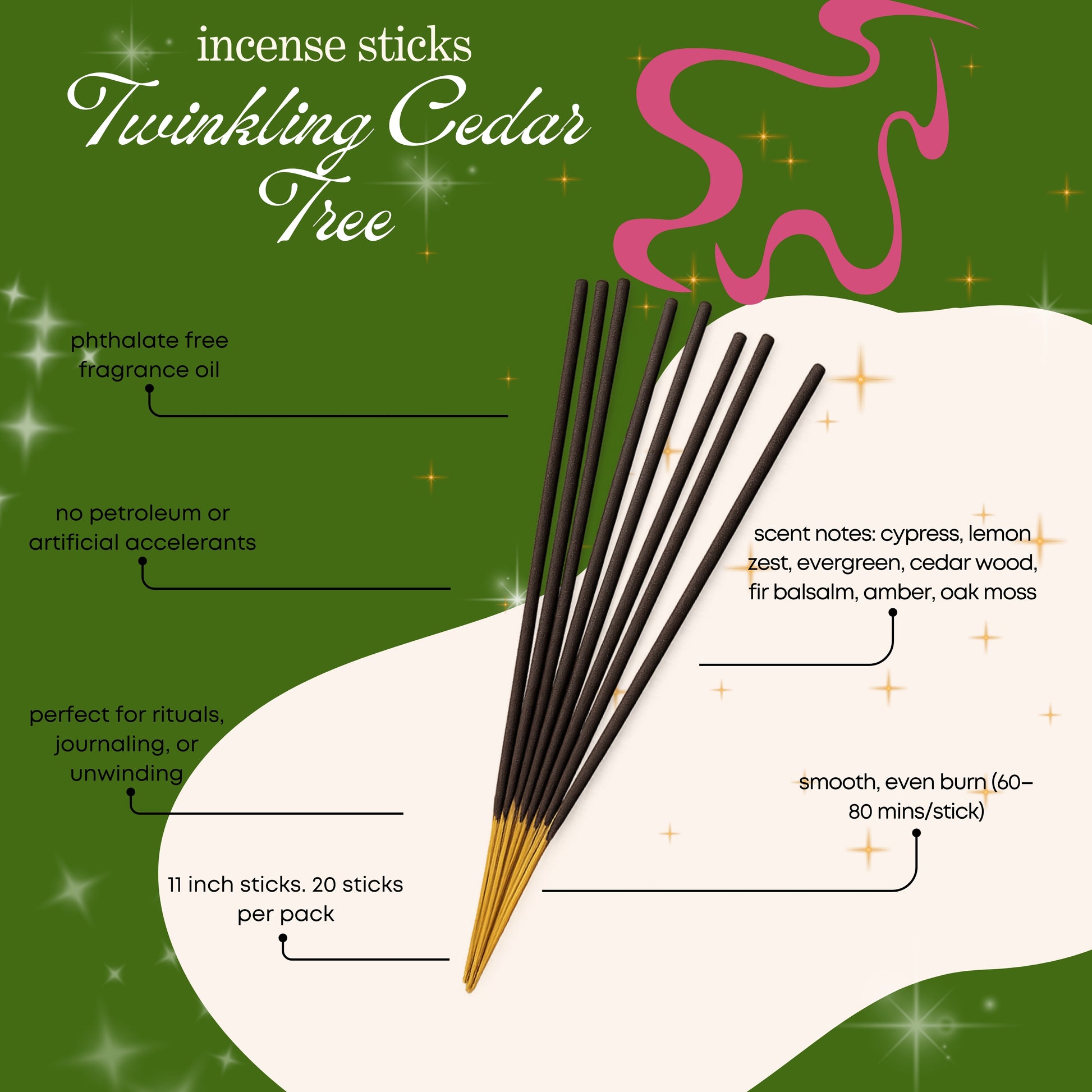 twinkling cedar tree scented incense sticks with product details on a green background