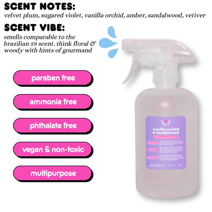 A graphic showing the viral Tiktok brand Chubby Star's amazing scented Vanilla Orchid & Sandalwood all purpose/ multipurpose cleaning spray that is a scent dupe of the viral SDJ brazilian cheirosa #59 scent that smells woody, gourmand and floral with notes of plum, violet, vanilla, orchid, sandalwood and more