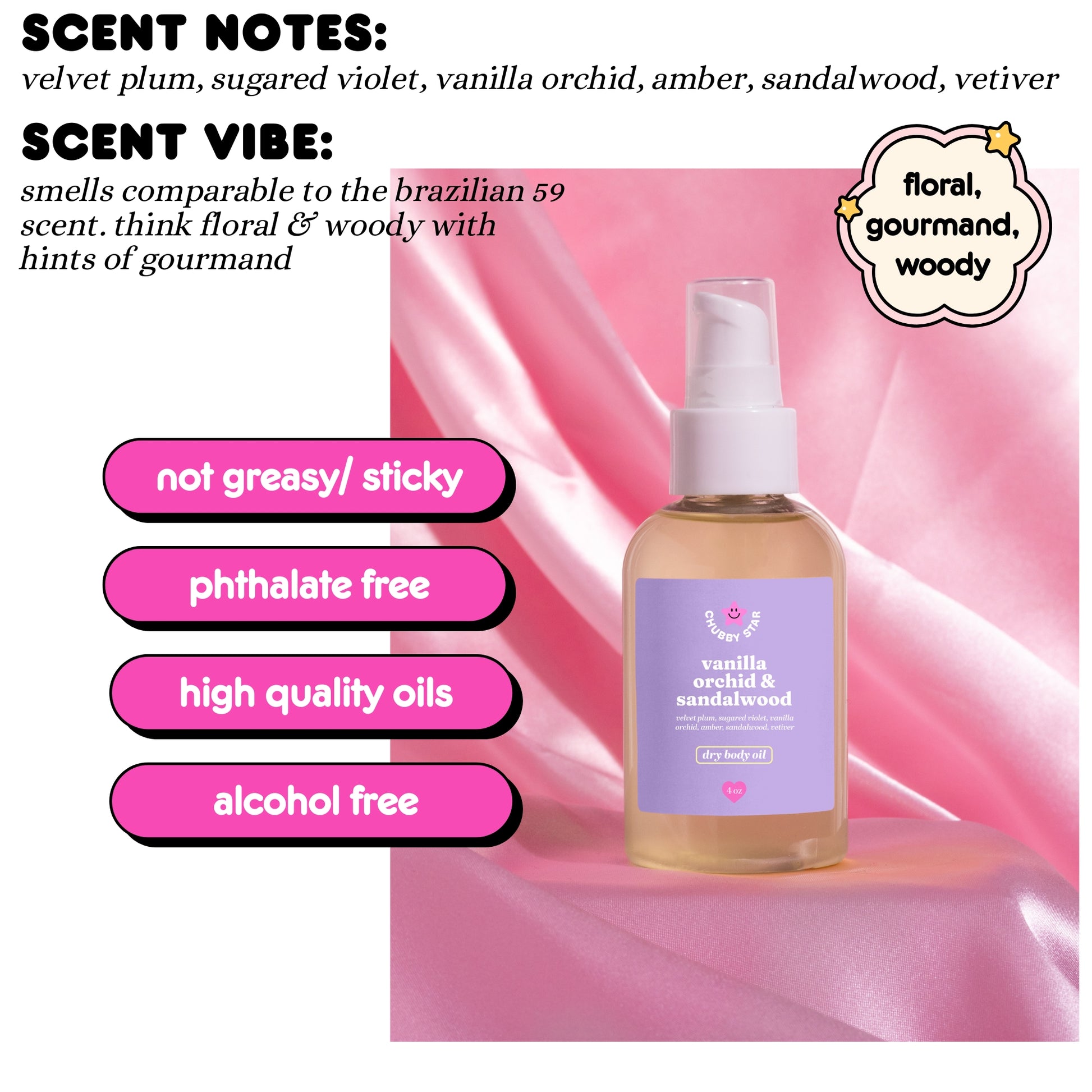 Bottle of vanilla orchid and sandalwood body oil with scent notes and benefits on a pink background
