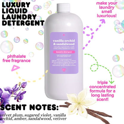 vanilla orchid sandalwood sdj 59 scented bottle of liquid laundry detergent displayed with colorful bubbles in the background.