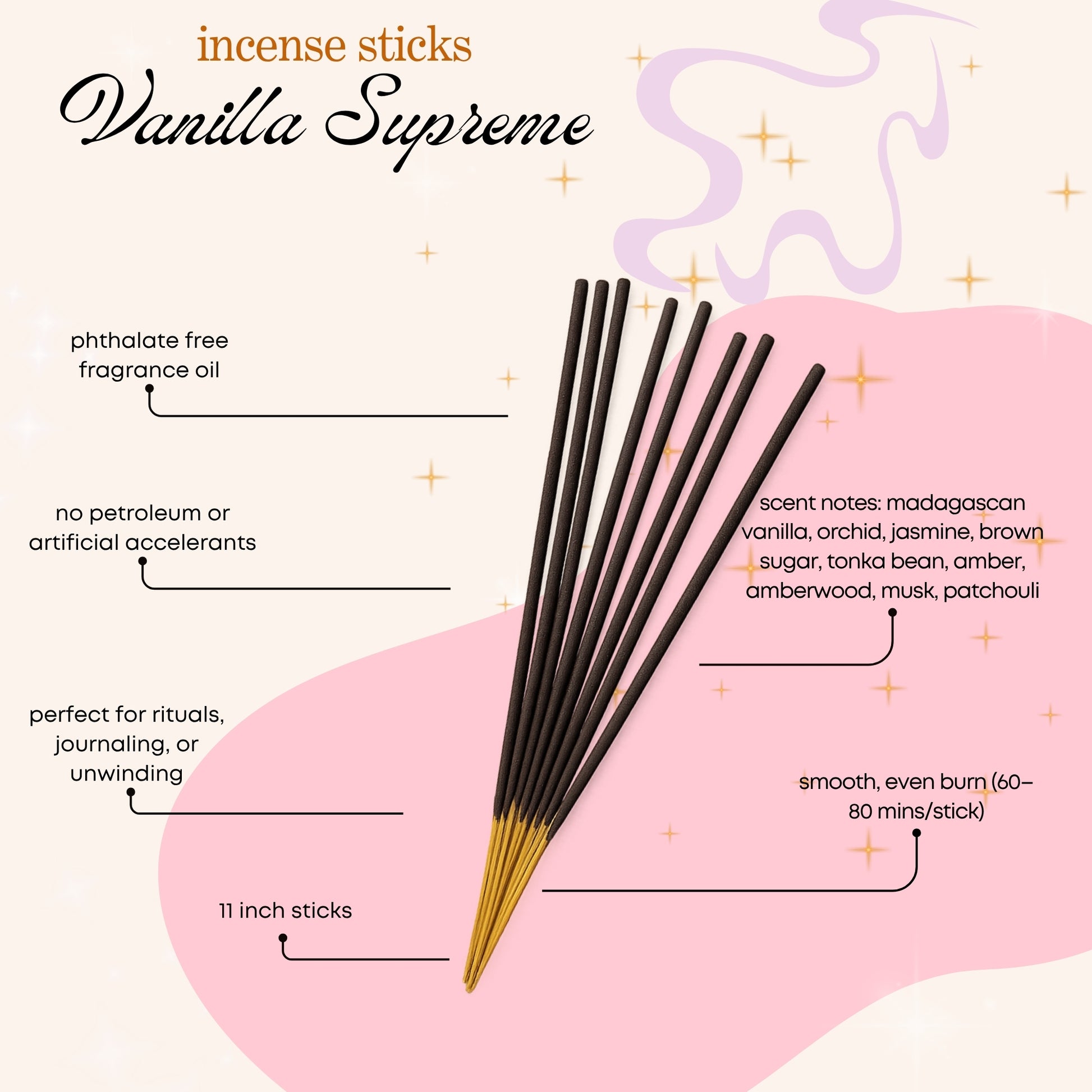 Vanilla Supreme, a Vanilla 28 dupe, scented incense sticks with product details on a pink background, made by Chubby Star