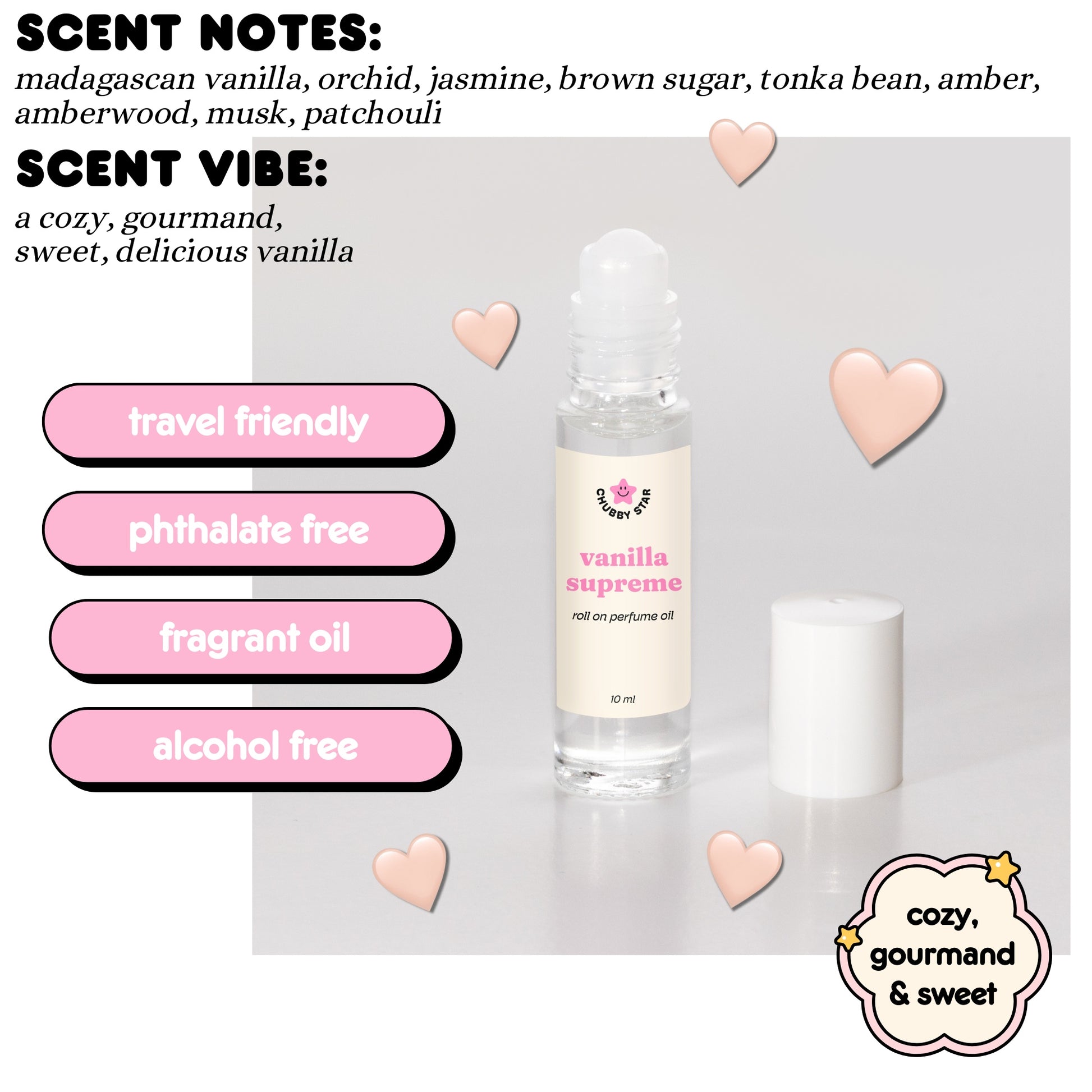 Vanilla Supreme roll-on perfume oil with product details on a light gray background