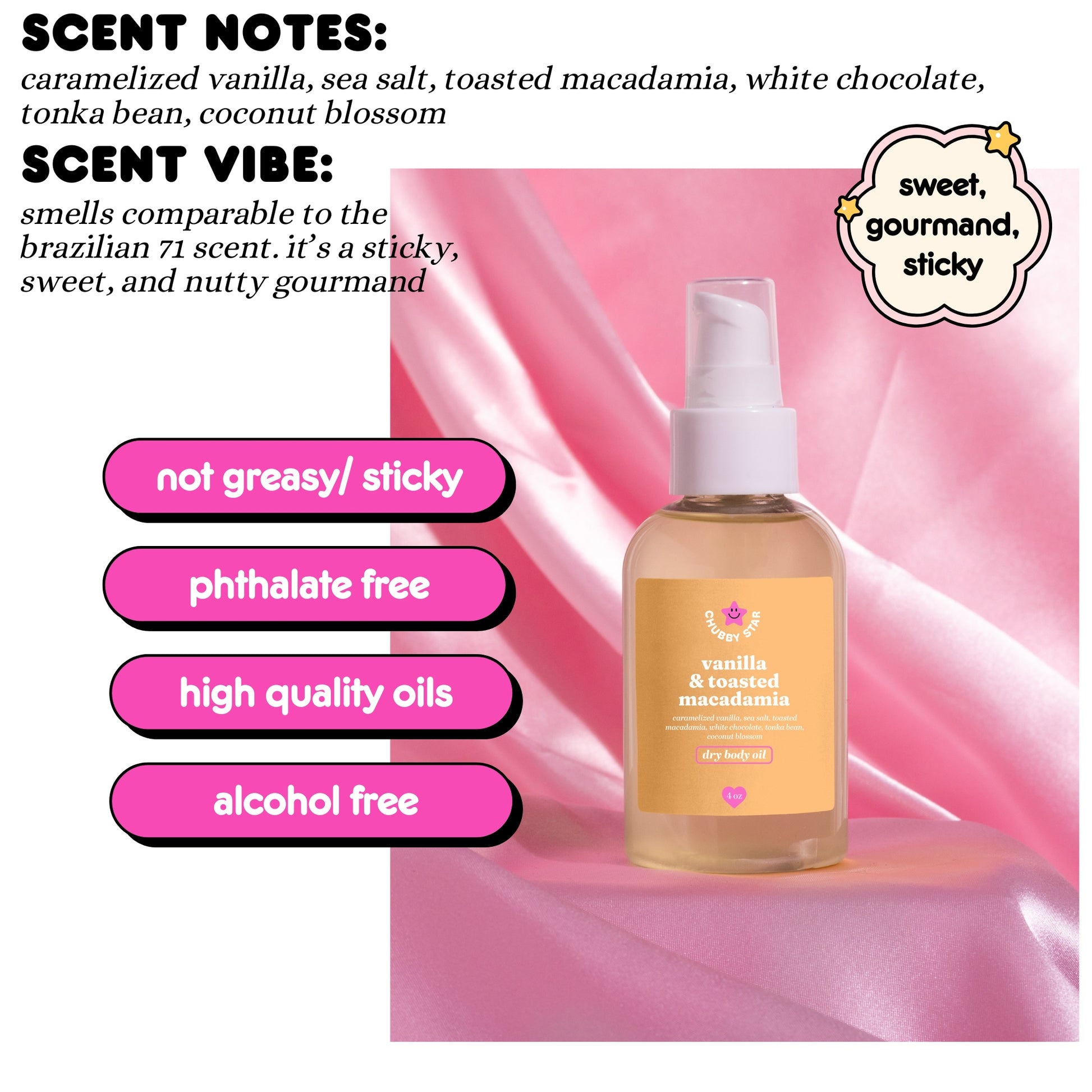 Bottle of vanilla and toasted macadamia body oil with scent notes and characteristics on a pink background
