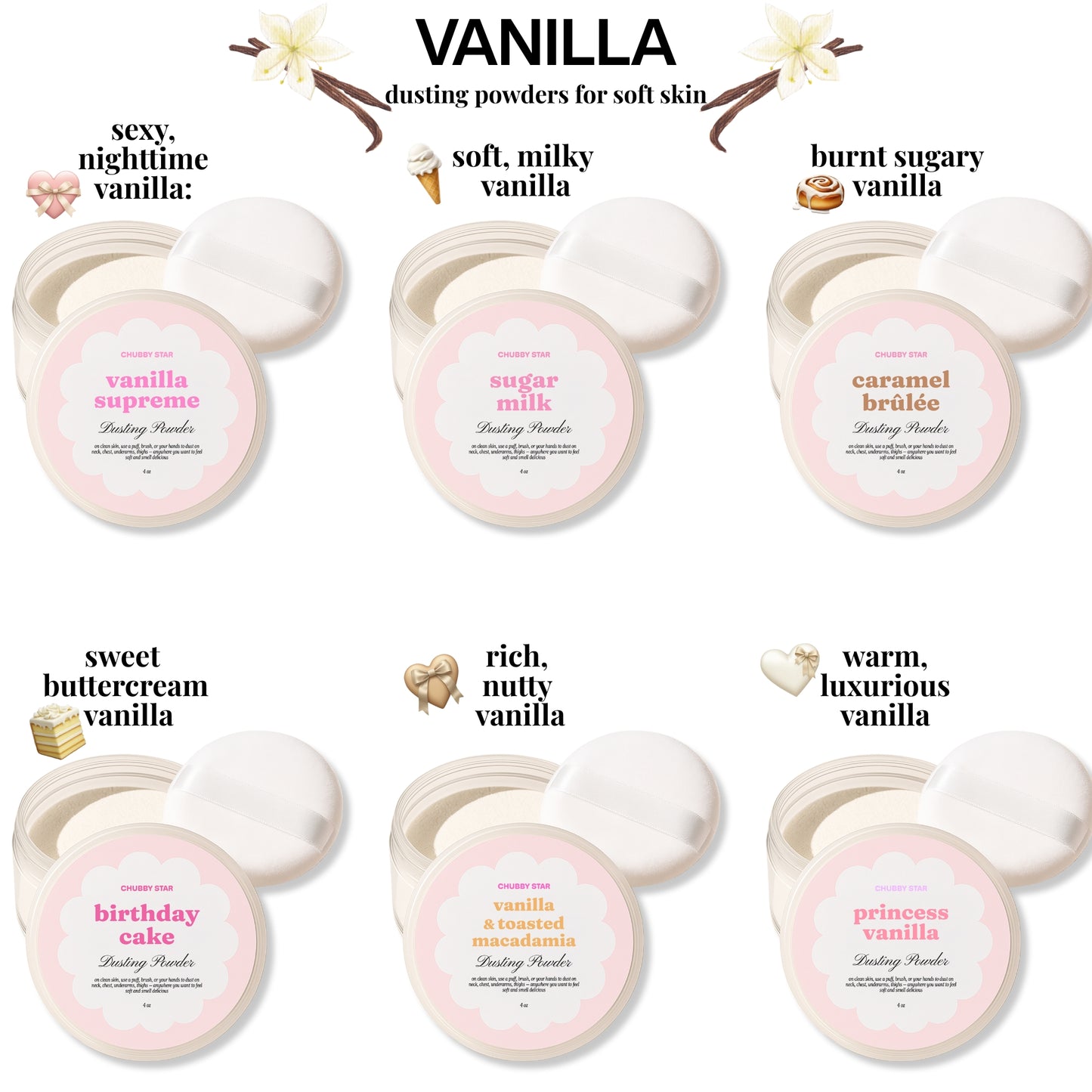 Vanilla dusting powders with labeled scents on a white background. These scented body powders are gourmand and delicious 