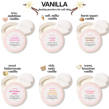 Vanilla dusting powders with labeled scents on a white background. These scented body powders are gourmand and delicious 