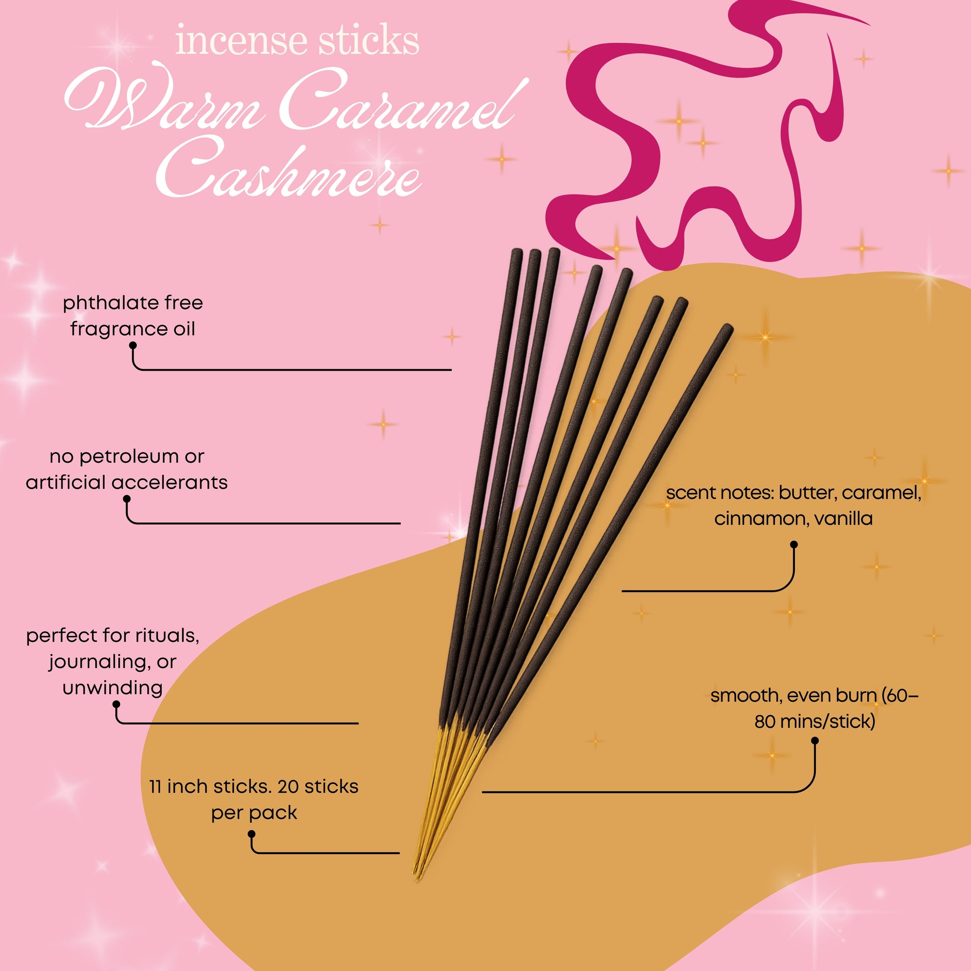 Incense sticks with product details on a pink and beige background