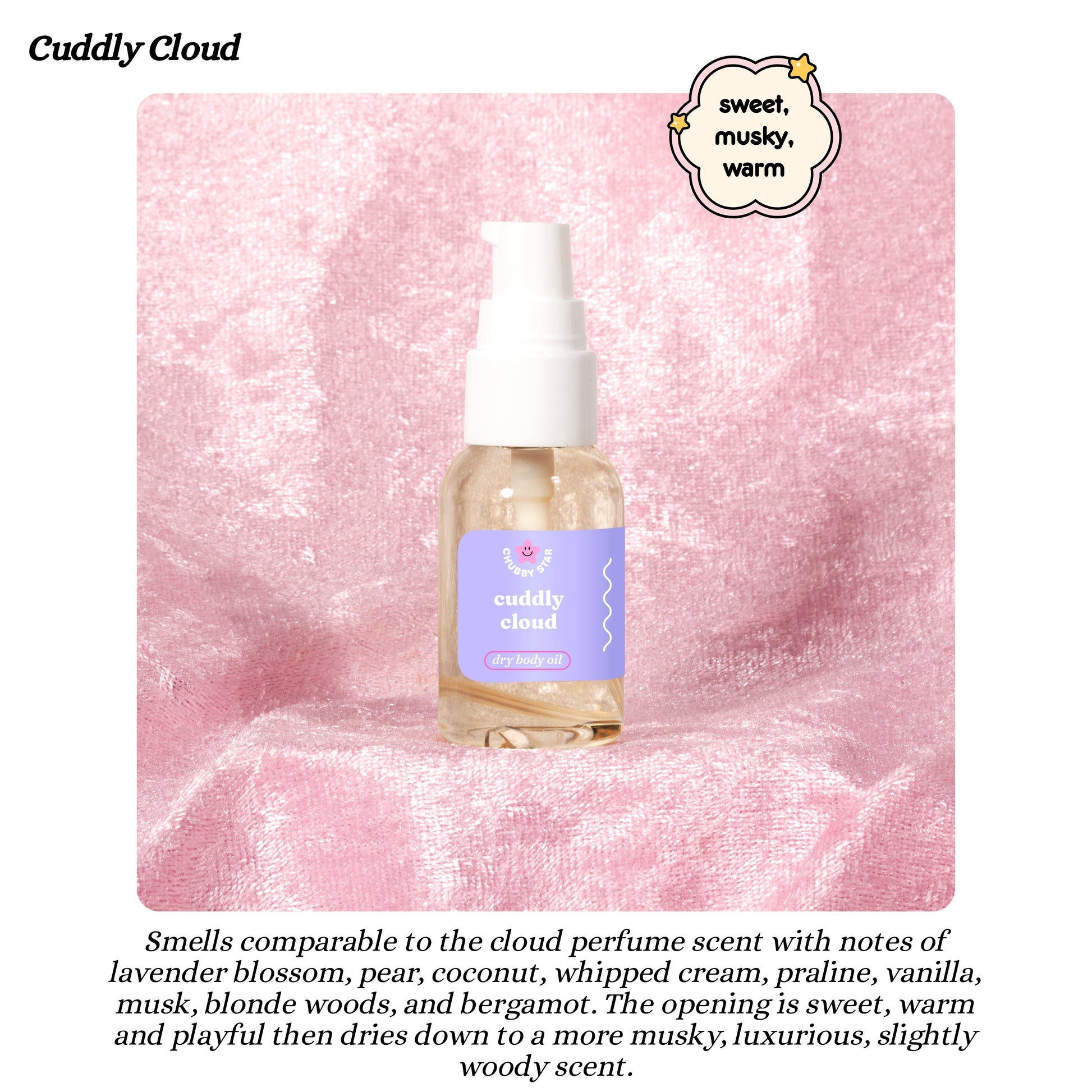 Cuddly Cloud body oil bottle on a pink textured background