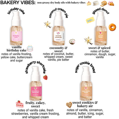 gourmand bakery scented body oil bottles with labels and images of bakery-themed products on a white background