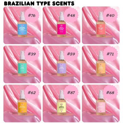 Grid of nine body oil bottles with different colored labels on a pink satin background, labeled 'BRAZILIAN TYPE SCENTS'.