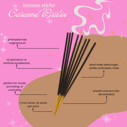 caramel brulee escapade gourmand dupe scented Incense sticks with product details on a pink background