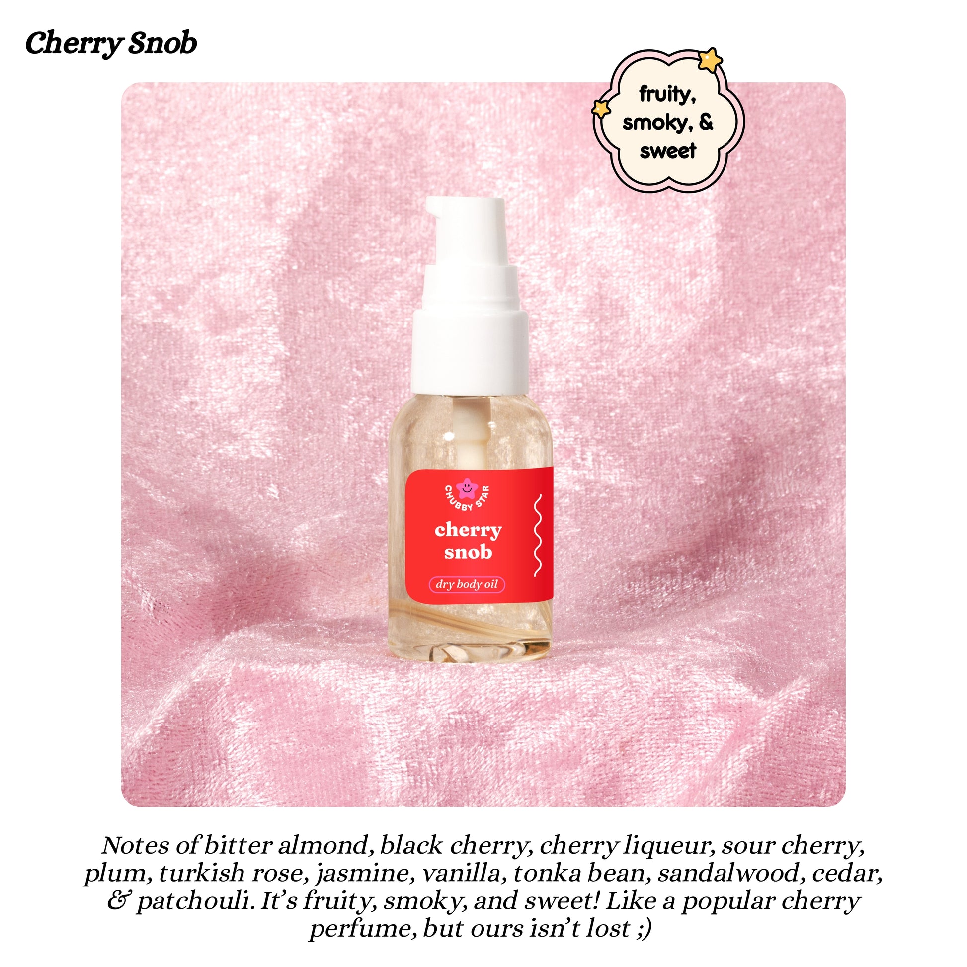 Bottle of Cherry Snob dry body oil on a pink textured background