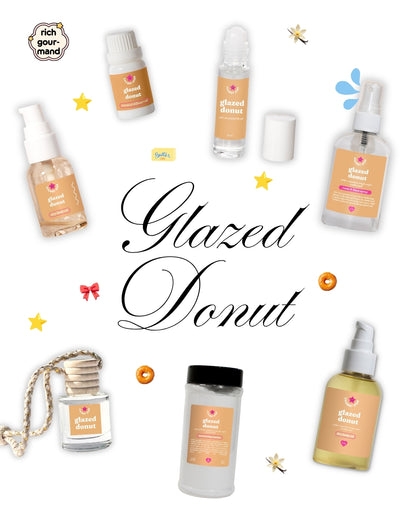 A collage of various cosmetic and fragrance products from the brand Chubby Star, featuring Glazed Donut scents, arranged around a central 'Glazed Donut' text on a white background with decorative doodles.