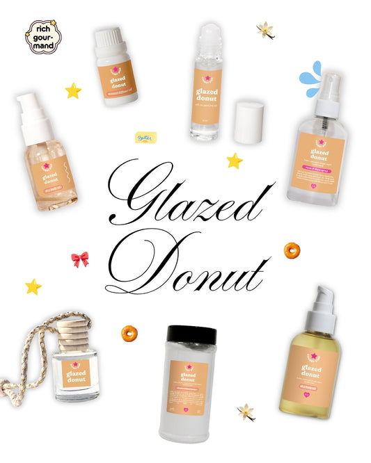 A collage of various cosmetic and fragrance products from the brand Chubby Star, featuring Glazed Donut scents, arranged around a central 'Glazed Donut' text on a white background with decorative doodles.