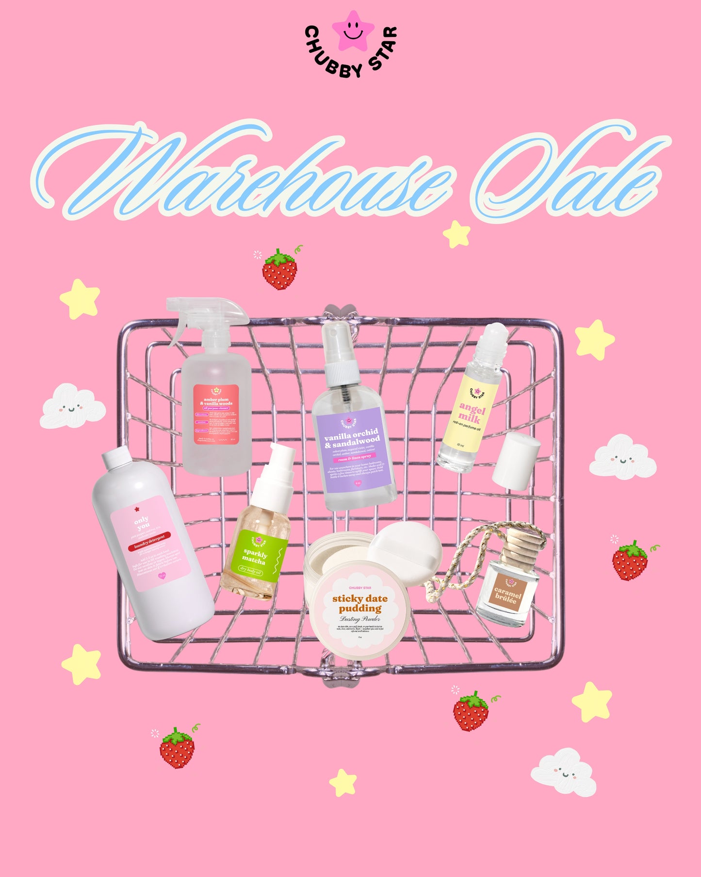 Cart with cosmetic products on a pink background with 'Chubby Star' branding and 'Warehouse Sale' text.
