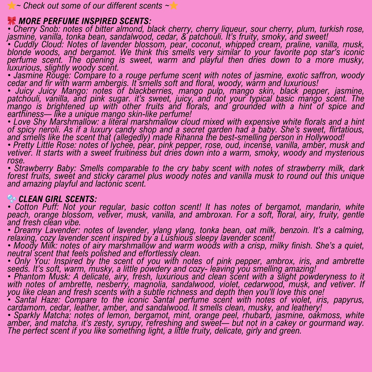 Text description of perfume dupe and clean girl scents on a pink background