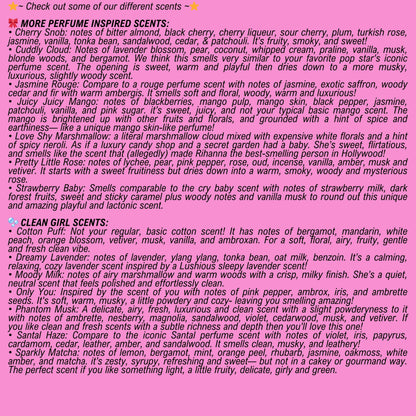 Text description of perfume dupe and clean girl scents on a pink background