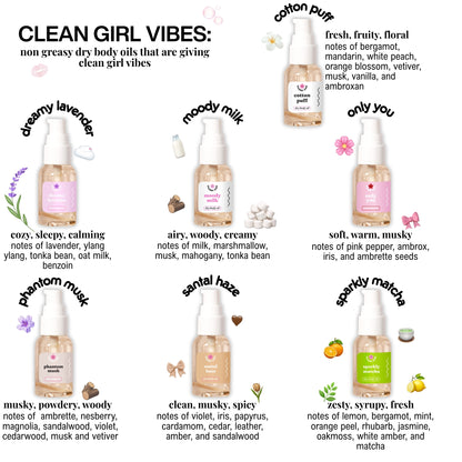 clean girl scented body oils with colorful labels and product descriptions on a white background