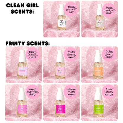 Collage of perfume body oil bottles with scents labeled on a pink textured background