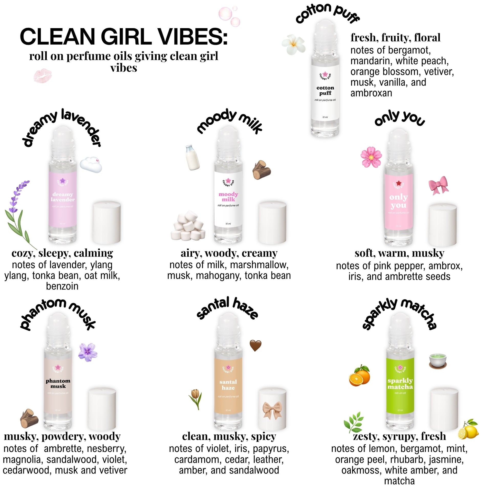 Clean girl scented collection of perfume oil bottles with names and descriptions on a white background