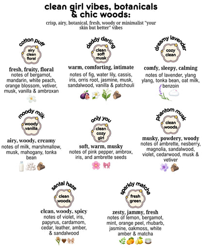 an image with different scents by chubby star that fall under the clean girl, botanicals and chic woods scent vibes