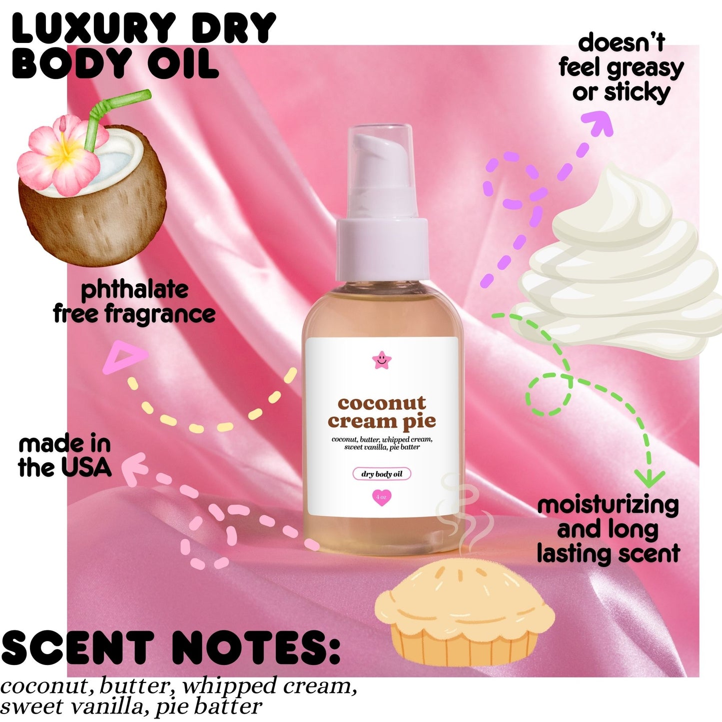 coconut cream pie scented body oil on a white background with scent desciptions