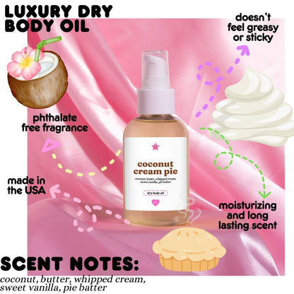coconut cream pie scented body oil on a white background with scent desciptions