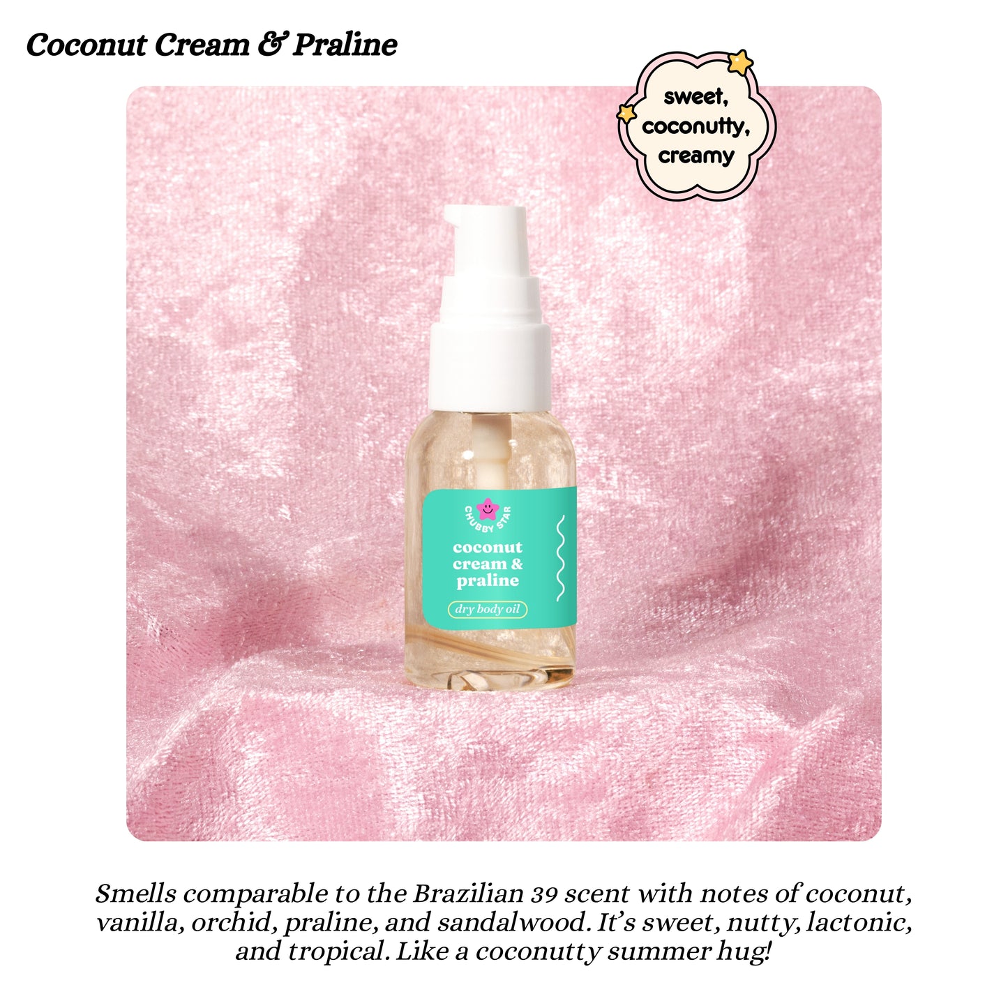 Bottle of coconut cream and praline oil on a pink textured background 