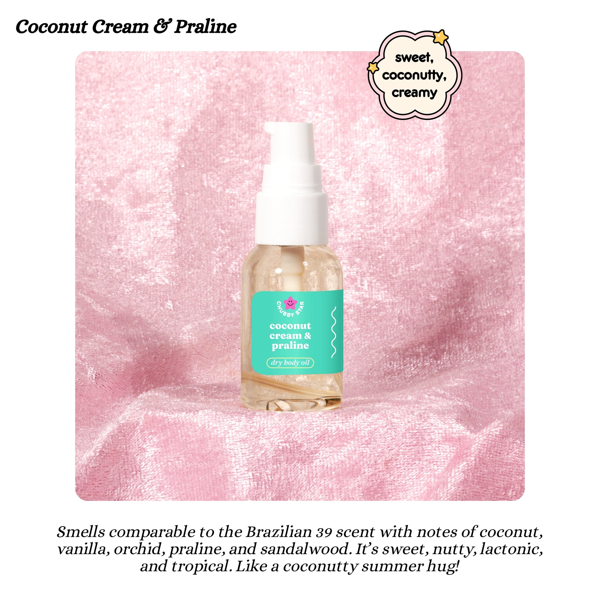 Bottle of coconut cream and praline oil on a pink textured background 