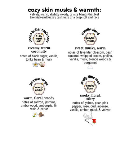 an image with different scents by chubby star that fall under the cozy skin musks and warmth category