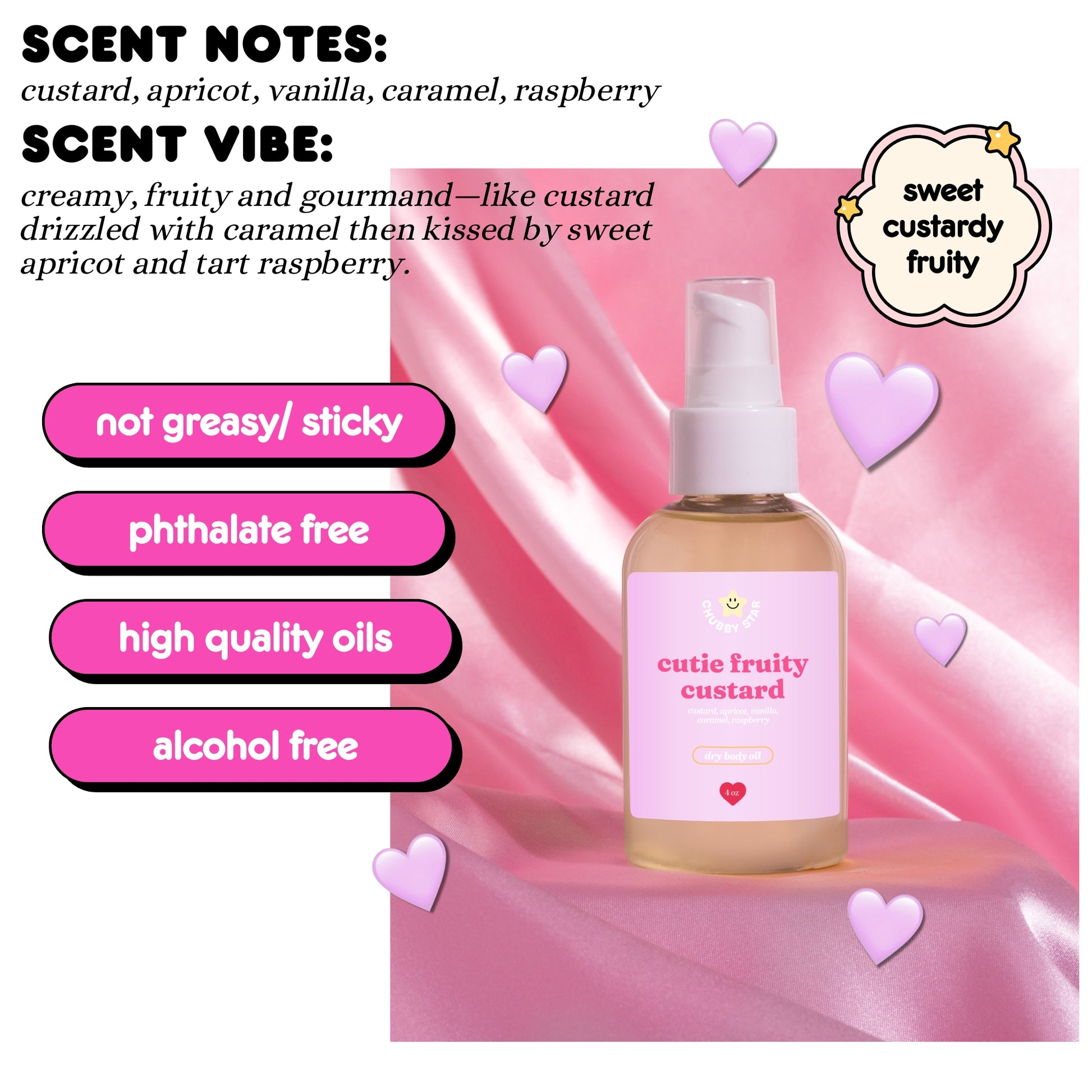 Bottle of 'cutie fruity custard' body oil with scent notes and benefits on a pink background
