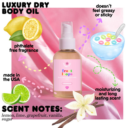 fruit loops scented body oil on a white background with scent desciptions