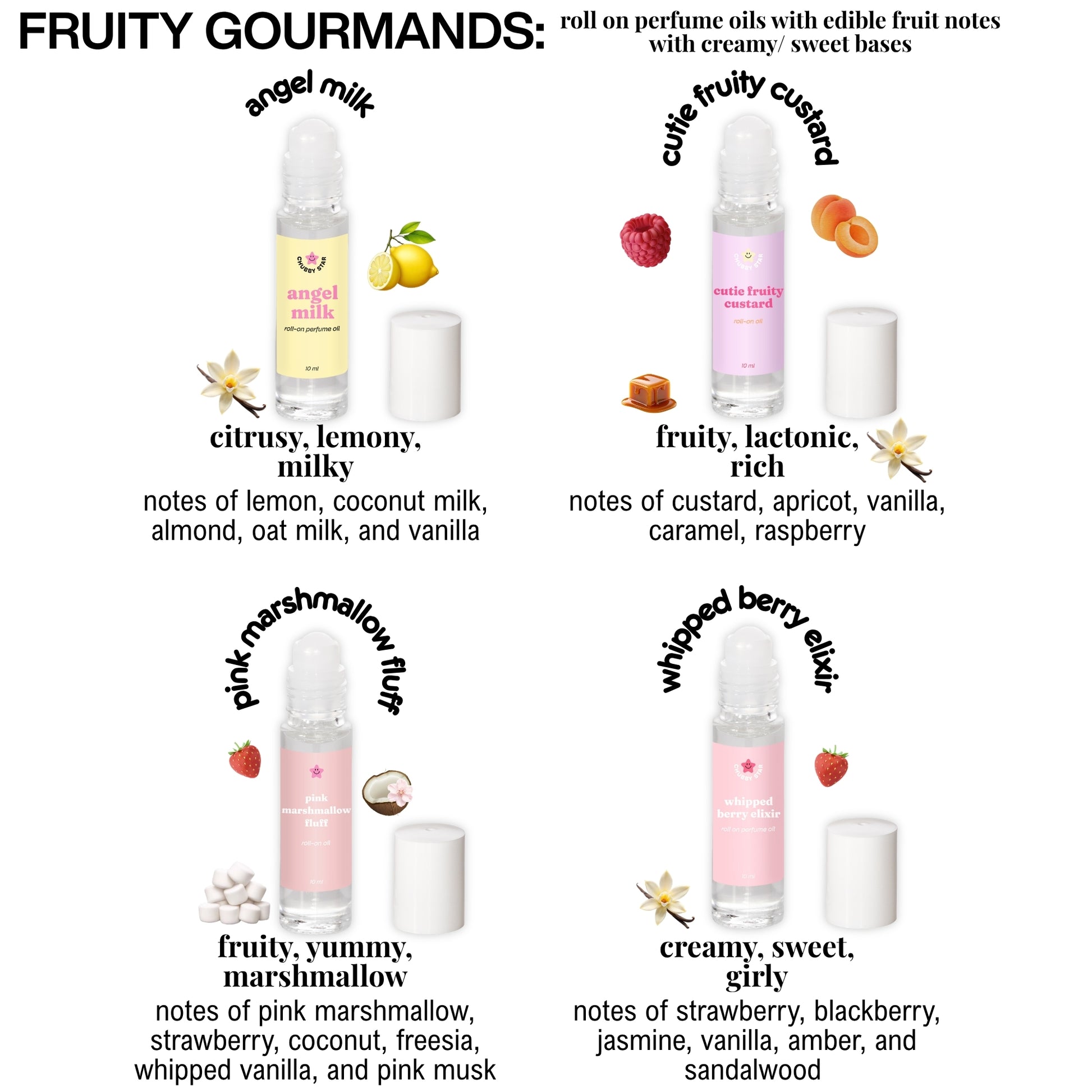 Four fruity gourmand scented roll-on perfume oil bottles with labels describing their scents on a white background.