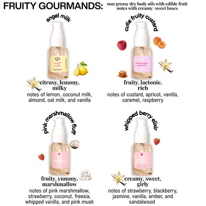 Four bottles of fruity gourmand body oils with descriptive text on a white background